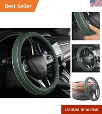 Luxury Green Leather Steering Wheel Cover With Silver Fiber Strip - 15 Inch Luxury Green Leather Steering Wheel Cover With Silver Fiber Strip - 15 Inch