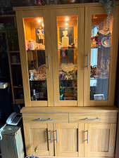 Oak Finish Glass Front Display Cabinet, 5 Doors, 3 Drawers, 3 Shelves