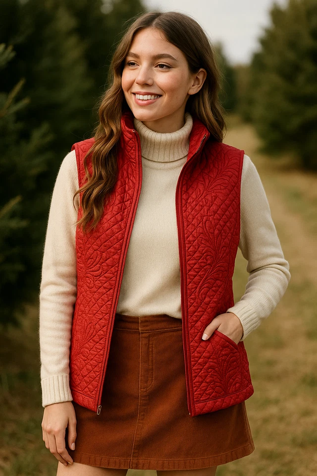 Colete acolchoado feminino Orvis vermelho seda S floral paisley isolado núcleo clássico - Imagem 2 de 4