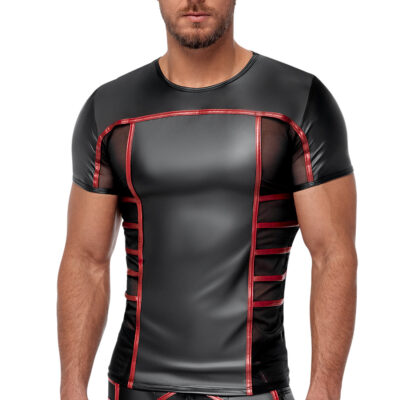 Herren Shirt M-XXL schwarz Wetlook Glanz Netz Hemd Rote Kontraststreifen ''Kyley''