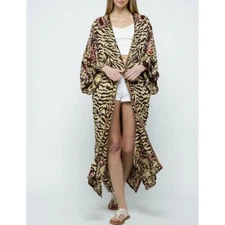 Raj Bagira animal print brown  Embroidered open Duster kimono large pockets NWT