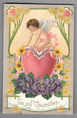 #ad 1910 Curt Teich Chicago Cupid Heart Too My Valentine Postcard $7.15