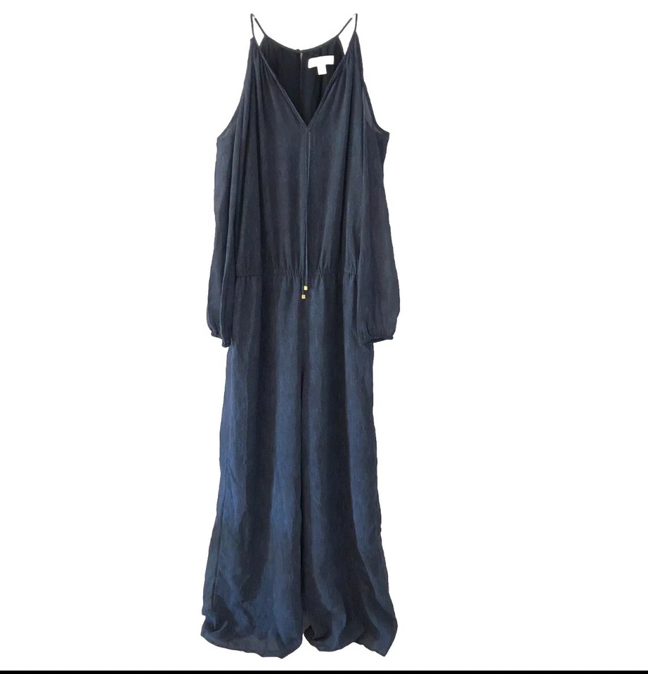 Macacão Michael Kors MK azul marinho ombro frio tamanho G manga longa perna larga - Imagem 2 de 4