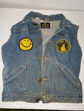 Vintage Maverick Jean CHILD Vest SLEEVES CUT OFF Hippie Patches Peace Snoopy