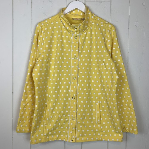 Quacker Factory Womens Large Knit Jacket Snap Closure Polka Dot Yellow White - Picture 1 of 5