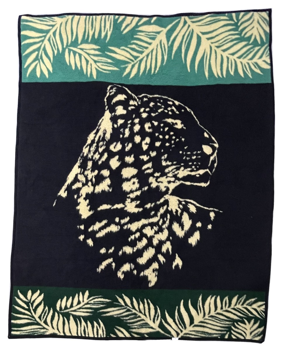 Vtg Owen Jaguar Jungle Ferns Acrylic Blanket, Made in Mexico
