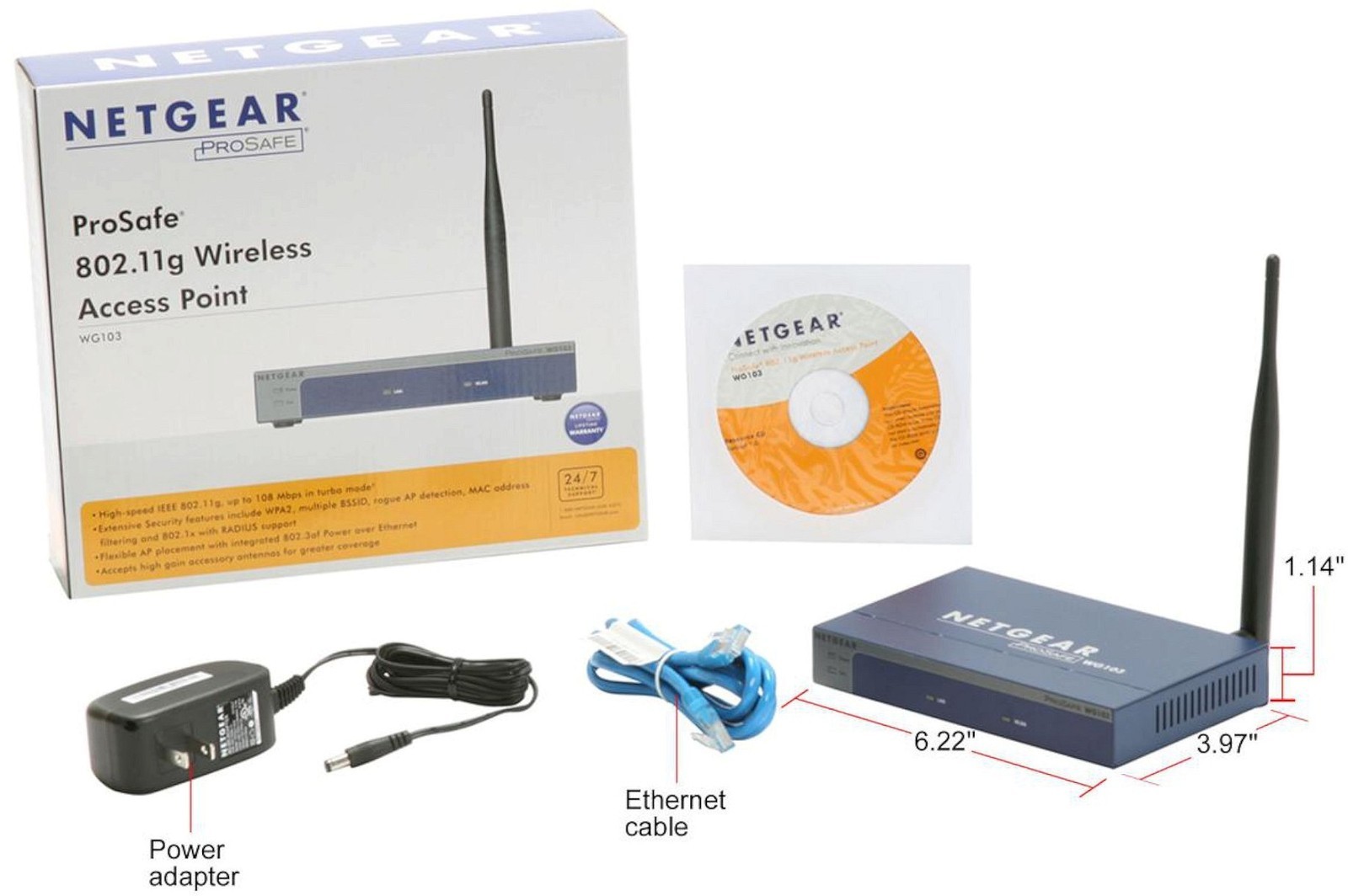 Netgear ProSAFE 802.11g Wireless Access Point 54 Mbps WG103-100NAS antenna. Available Now for $27.50