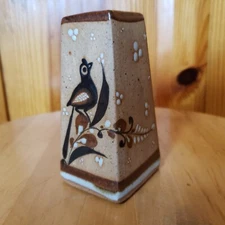 Tonala Mexican Pottery Bud Vase Bird & Floral Signed Folk Art Rustic Handmade