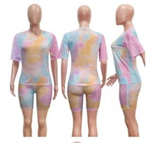 Women Tie Dye Casual Two Piece Set Tracksuit Short Sleeve Top +Shorts Gym Suit