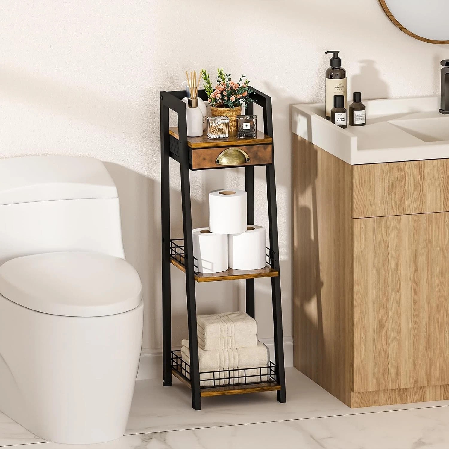 Rustic Brown Bathroom Shelf with Drawer