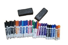 32 Dry Erase Expo BiC Markers And 2 Erasers, Used, Tested, All Working