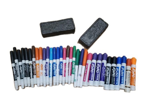 32 Dry Erase Expo BiC Markers And 2 Erasers, Used, Tested, All Working
