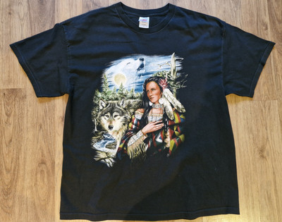  90s NATIVE AMERICAN WOMAN WOLF T-Shirt XL NATUR, VINTAGE 