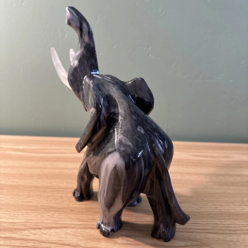 Black Onyx Marbled Hand Carved Elephant Figurine Statue Lucky Trunk Up 10x9”Hvy - Image 4 of 4
