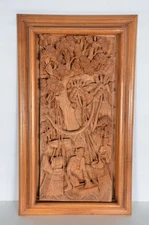 Asian Vintage High Relief 3D Hand Carved Wood Panel Framed 20.25”X35”X4” Heavy