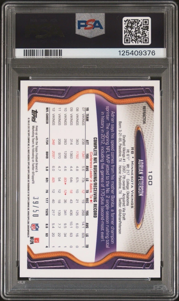 2013 Topps Chrome Adrian Peterson Gold Refractor /50 PSA 8 - Image 3 of 3