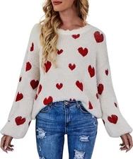 Fuzzy Heart Dropped Shoulder XL Sweatshirt Super Soft Long-Sleeve White & Red