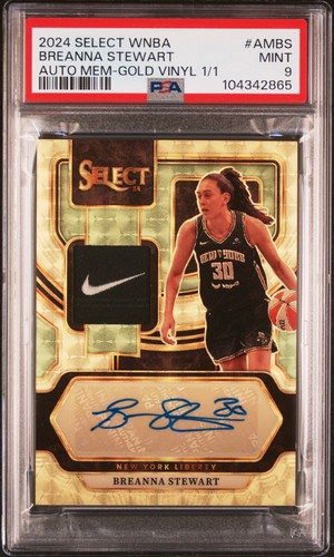 BREANNA STEWART 2024 PANINI SELECT WNBA GOLD VINYL NIKE PATCH AUTO SP 1/1 PSA 9