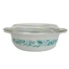 Vintage 1960s Pyrex Casserole Dish & Lid 1.5 Quart Turquoise Blue Meadow Pattern