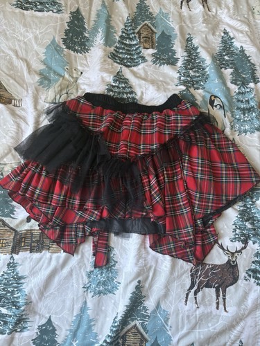 Kuroneko Gothic Red Plaid Asymmetrical Skirt With Black Ruffles Size S