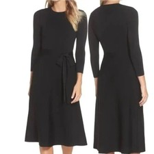 Eliza J Midi Dress L Fit and Flare 3/4 Sleeve Modest Chic Workwear Classic Black