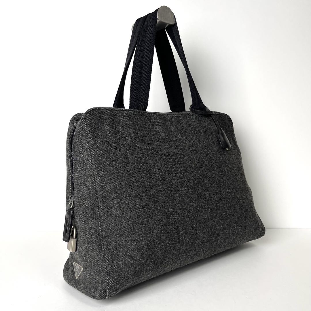 Prada Gray Wool Tote Bag with Triangle Logo Preowned