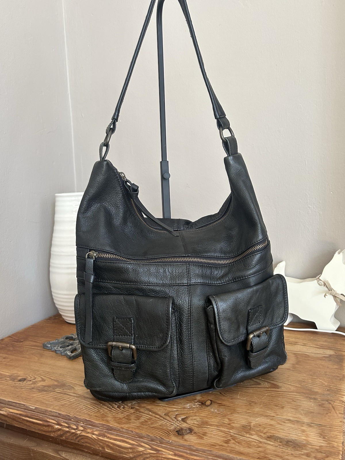FatFace Black Genuine Leather Slouchy Shoulder Bag Hobo Buckle Multi Pocket image 2