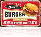 Vintage Tin Metal Signs Home Décor 8x12 Burger Menu Always Fresh and Tasty Retro