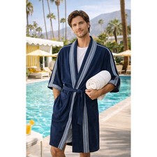 Vintage Royal Plush Navy Robe Belted Lounge Smoking Jacket One Size Retro