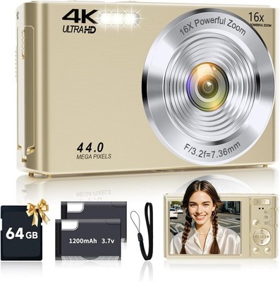 Champagne Gold 44MP Digital Camera with 16X Zoom & 64GB Card for Easy Capture