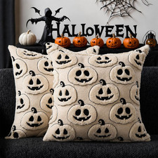 Fall Halloween Pillow Covers 18X18 Set of 2 Beige-Black Pumpkin Decor