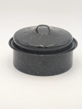 Vtg Round Roaster Pan Black Speckled Dutch Oven 2 Qt Bean Pot Soup