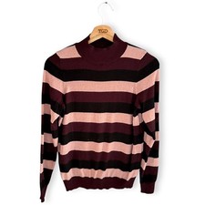 Ladies Mock Neck Jumper Glittery Burgundy Striped Sweater Top Size 10