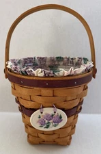 1994 Longaberger Basket w/ Lilac Floral Liner Protector & Ceramic Tie-On