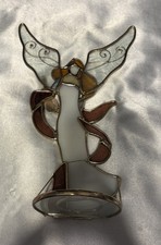 Stained Glass Angel Candle Holder Tea light Votive White Teal Brass