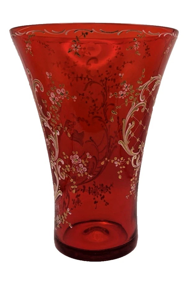Large Bohemian (Czech) Moser/ Veroley Red Rudy Hand Painted Crystal Vase. Signed - Image 2 of 4