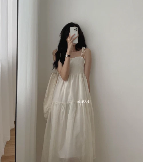 OFF WHITE Abito estivo alla moda coreana senza maniche stringhe nero casual abito midi