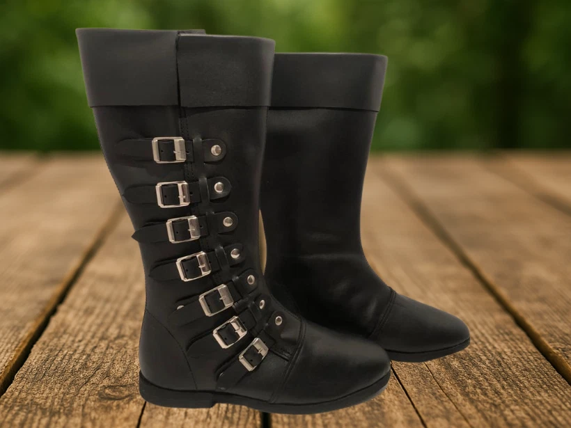 Botas de cuero medievales vikingas 8 hebillas hechas a mano zapatos de cuero puro SCA LARP Foto 4 de 4