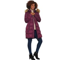 Nuage Stretch Puffer Coat W/ Removable Hood & Faux Fur In Dark Purple X-large