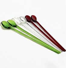 6 VTG Glass Cocktail Spoon Stir Sticks 6.5&rdquo; Red Green Crystal Holiday Barware