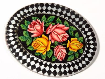 Vintage Czech reverse painted rose bouquet crystal glass cabochon element 52mm 
