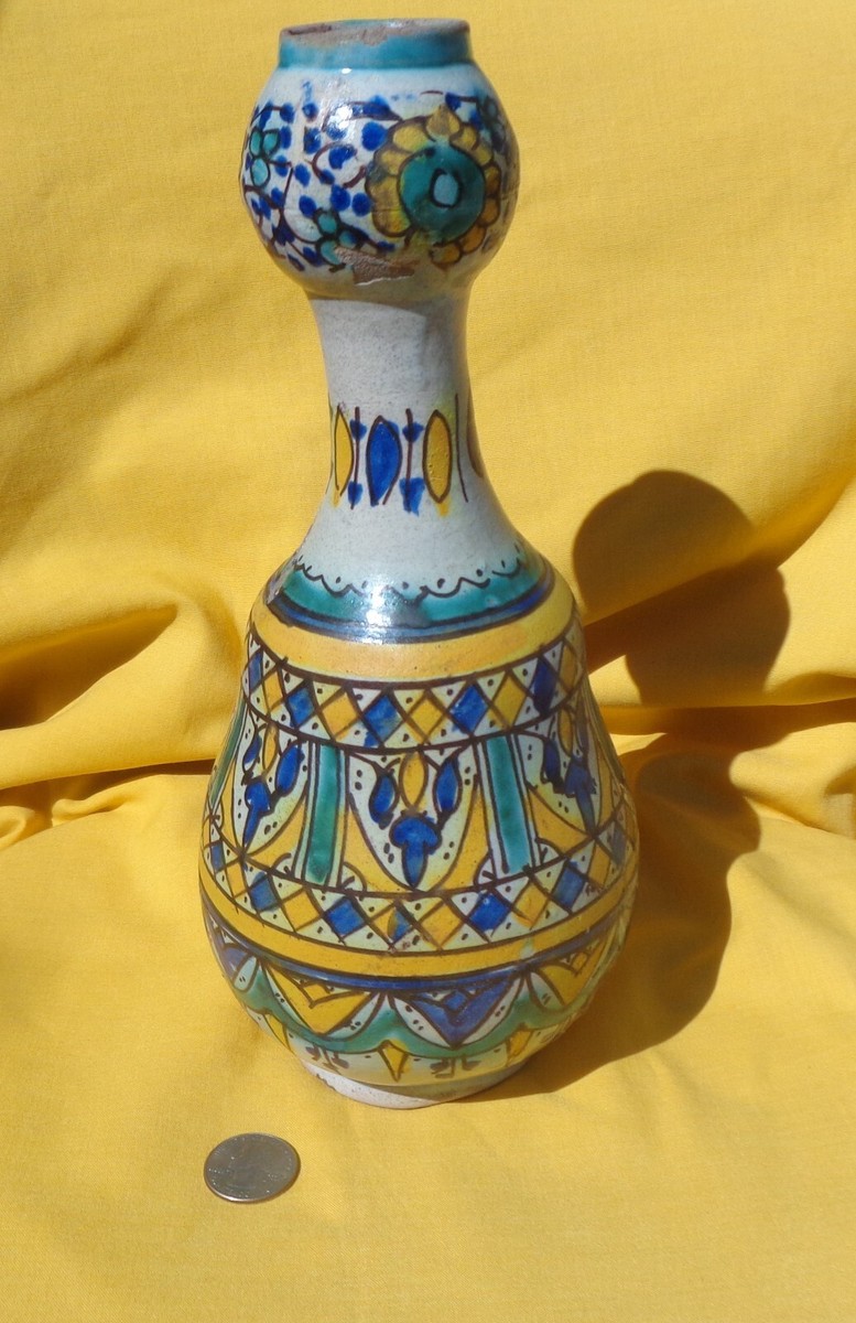 19世紀Antique Moroccan ceramic vase ANTIQUE 19th Cent. MOROCCAN HAND PAINTED CERAMIC BOTTLE/VASE (A