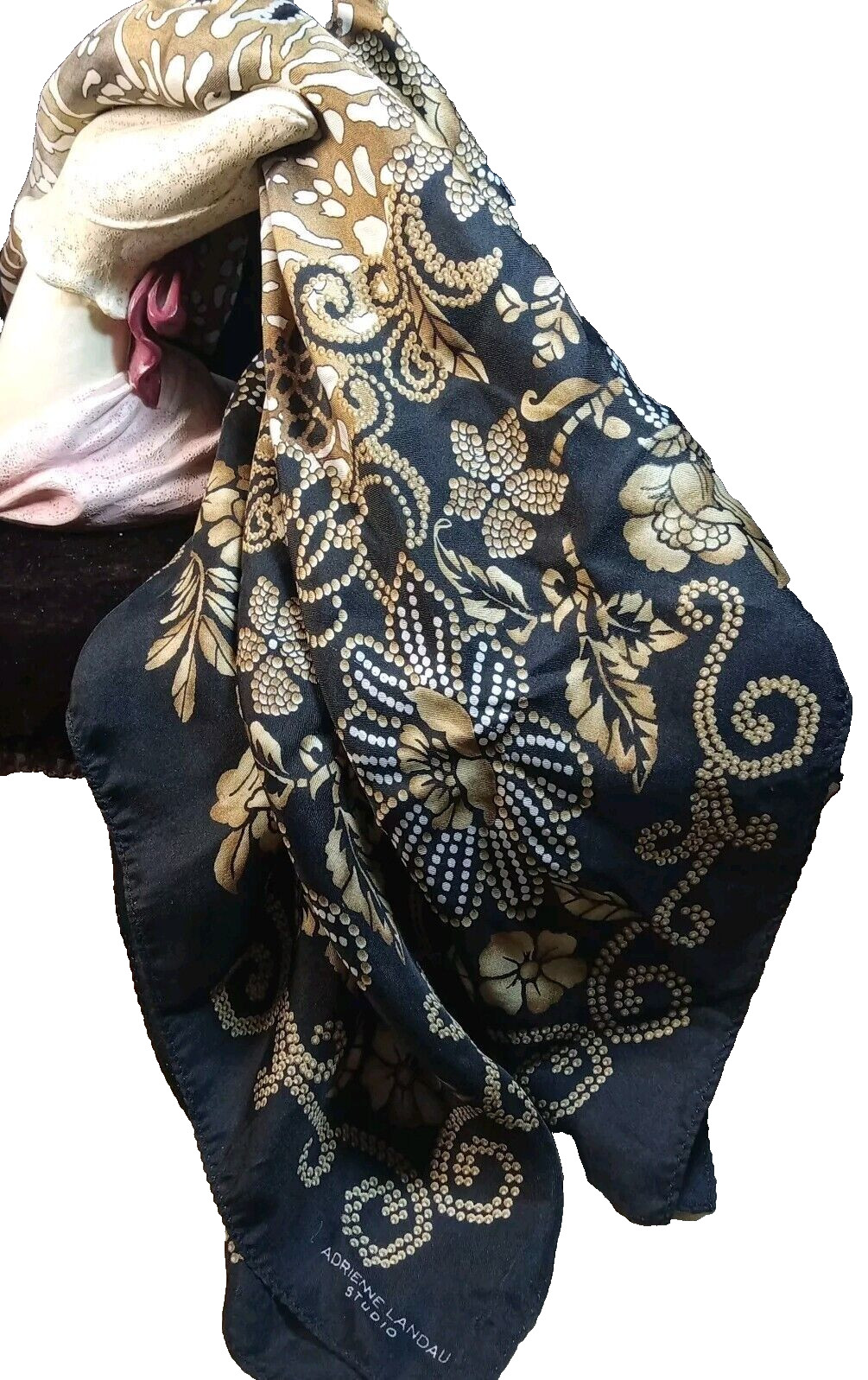 ADRIENNE LANDAU Studio 100% SILK SCARF 35 x 34 FLORAL DESIGN BLACK~GOLD~CREAM