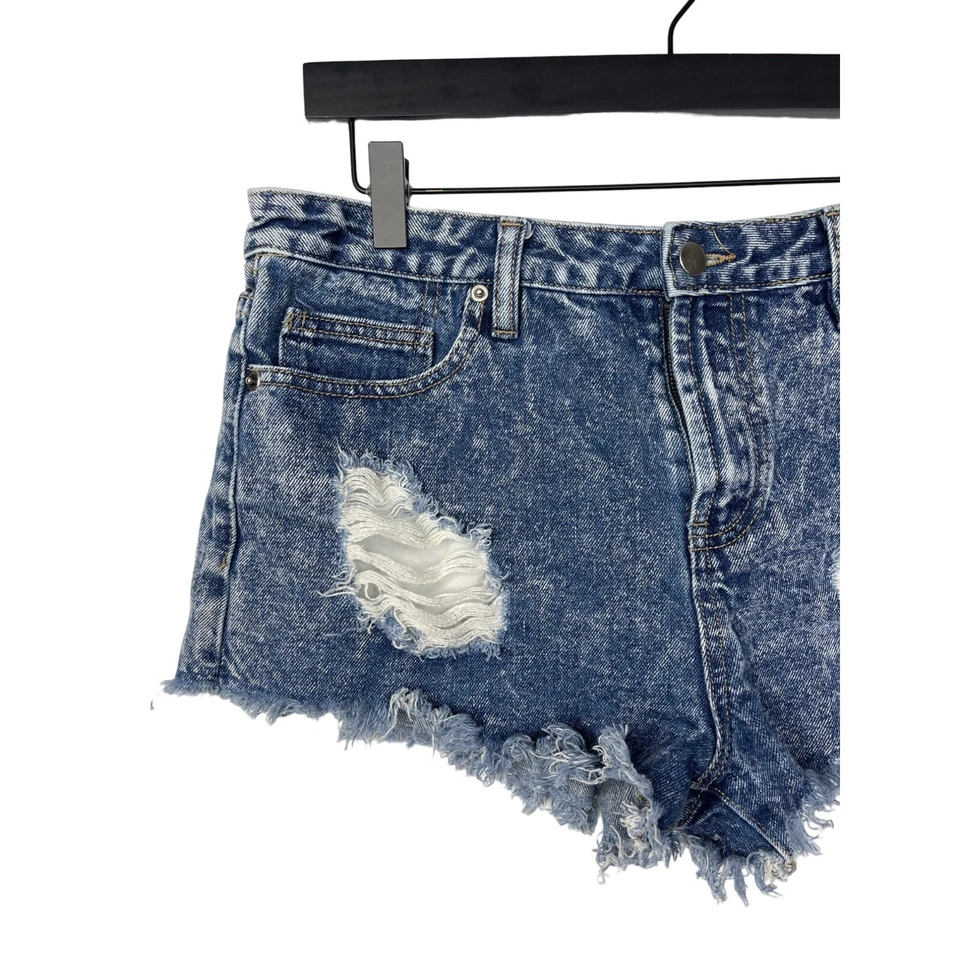 Pantalones Cortos Forever 21 Mujer Azul Jean Denim Rasgado Talla 28 Dobladillo Crudo Tiro Alto Corte Foto 2 de 4