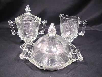 Jeannette Glass Company Baltimore Pear Creamer, Covered Sugar, Butter Dish