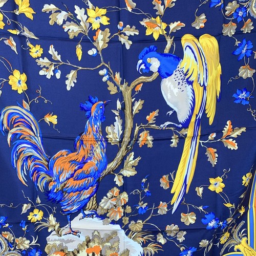 Hermes Sciarpa rara Chanteclair II in seta blu vintage 1974 Maurice Tranchant - Picture 3 of 4