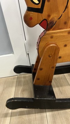 Vintage 25” Solid Wood Rocking Horse – Hand-Painted Toy with Red