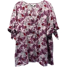 Charter Clue Linen Luxury Women's Top Sz XXL Red Pink Floral Tie Short Sleeves