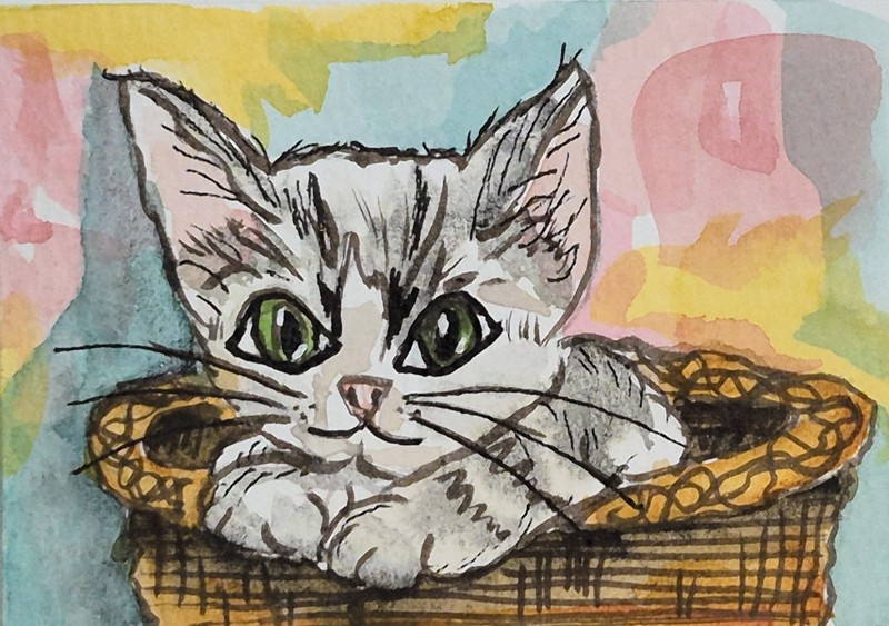 WICKER & WHISKERS Original ACEO Gouache Painting By Artist MAUREEN ANNE JENSEN ♡