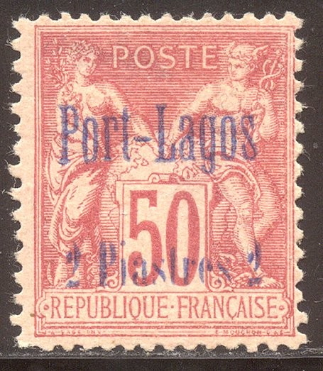 FRANCE Offices in PORT LAGOS #5 Mint - 1893 2pi on 50c Rose ($185)